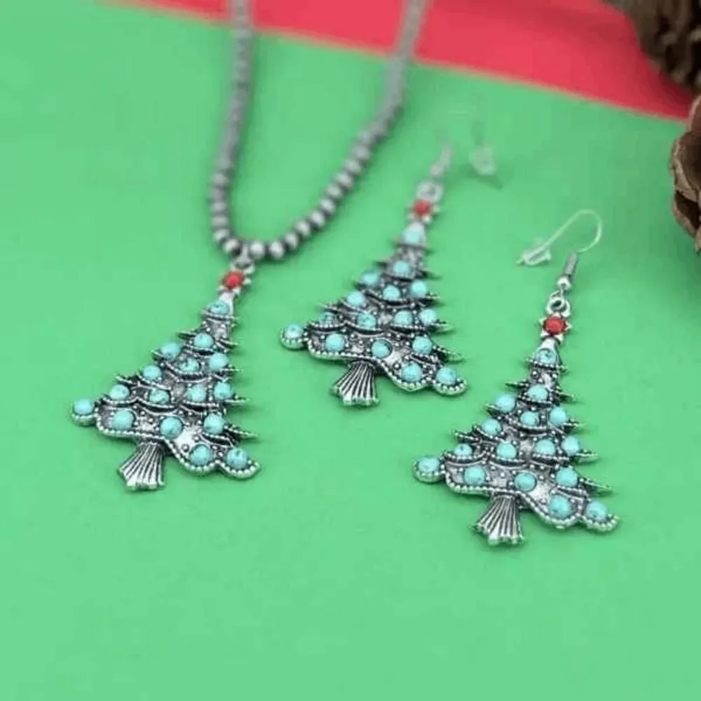 Turquoise Christmas Tree Beaded Necklace and Earring Set